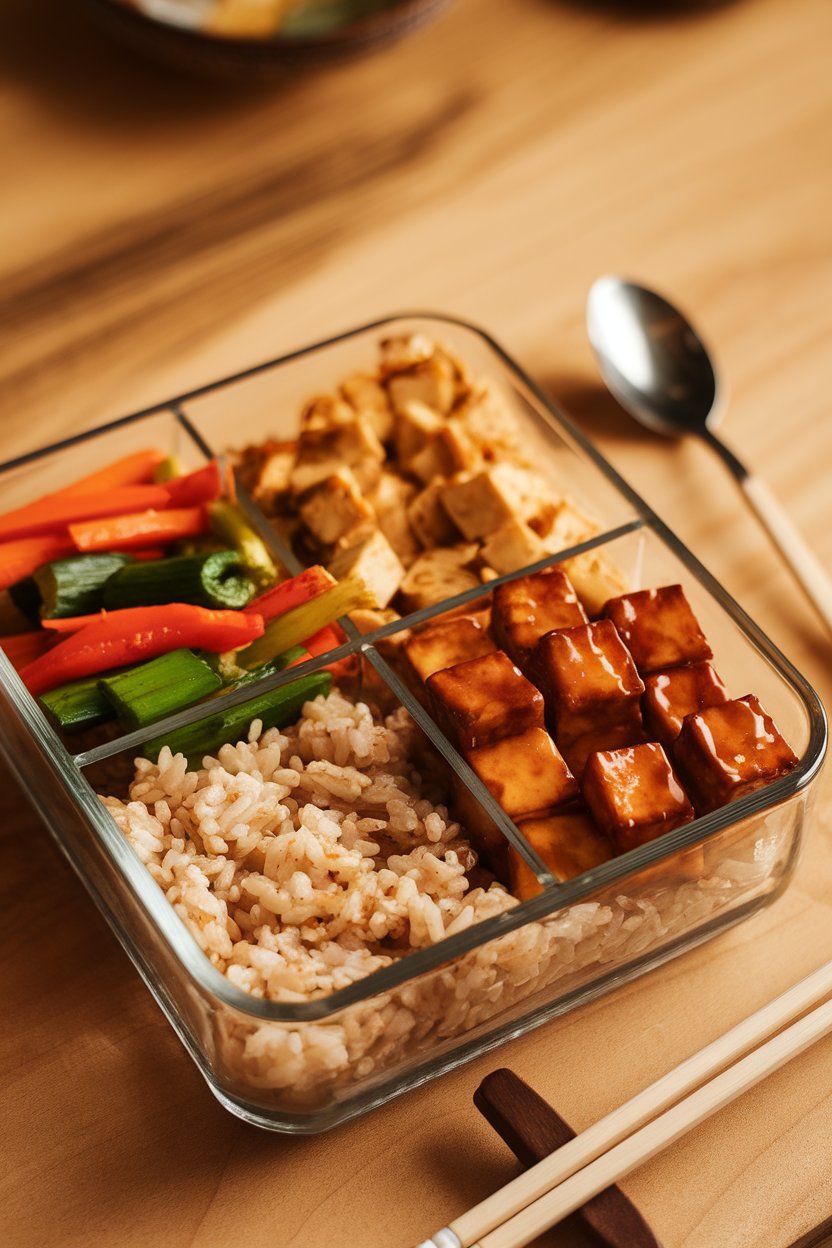 An indoor scene of a divided glass container filled with brown rice, colorful stir-fried vegetables, and glazed tofu cubes, warm overhead lighting, no logos.