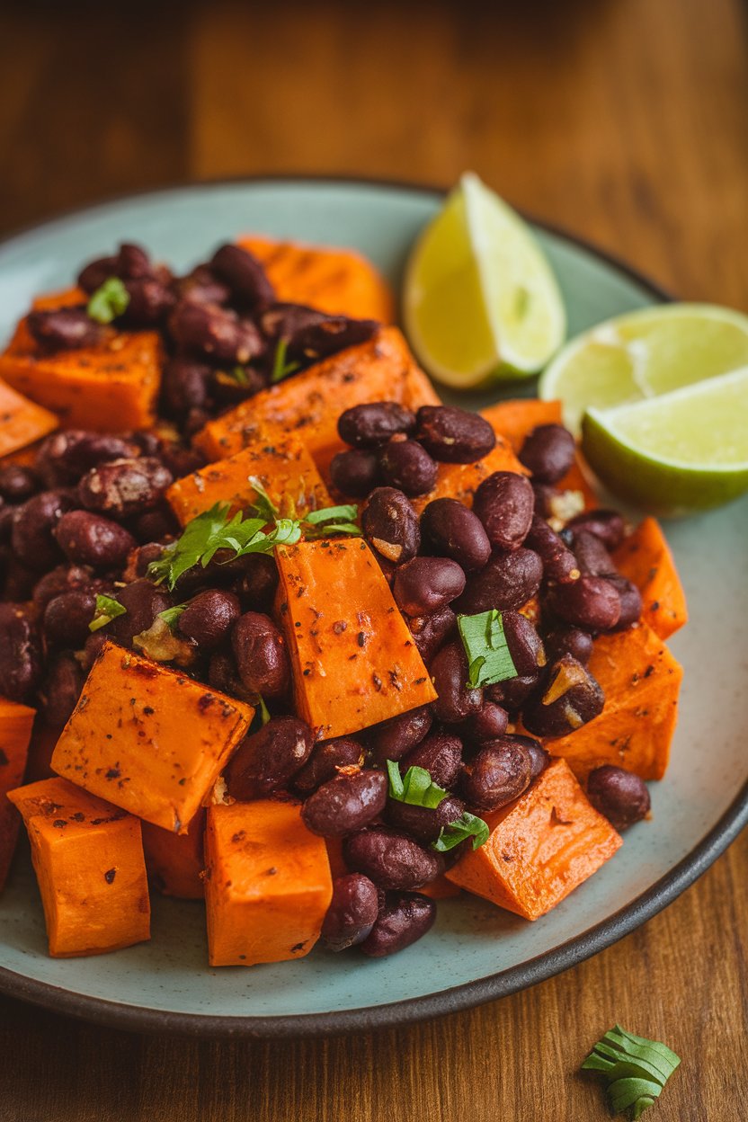 Indoor photo of seasoned cubed sweet potatoes and black beans on a plate ready for tacos, lime wedges nearby, no text or logos