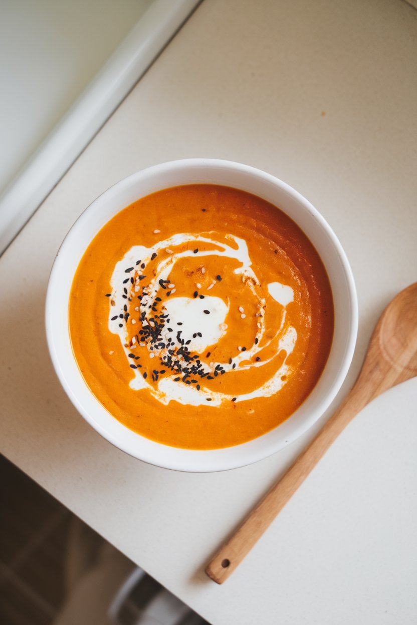 Indoor photo overhead of vivid orange carrot ginger turmeric soup with a swirl of coconut yogurt, sprinkled with black sesame seeds; no text or logos