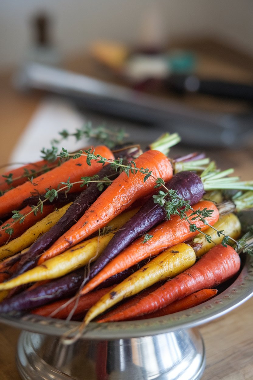 Photo of multicolored roasted carrots sprinkled with fresh thyme, displayed indoors on a serving dish. No text or logos present.