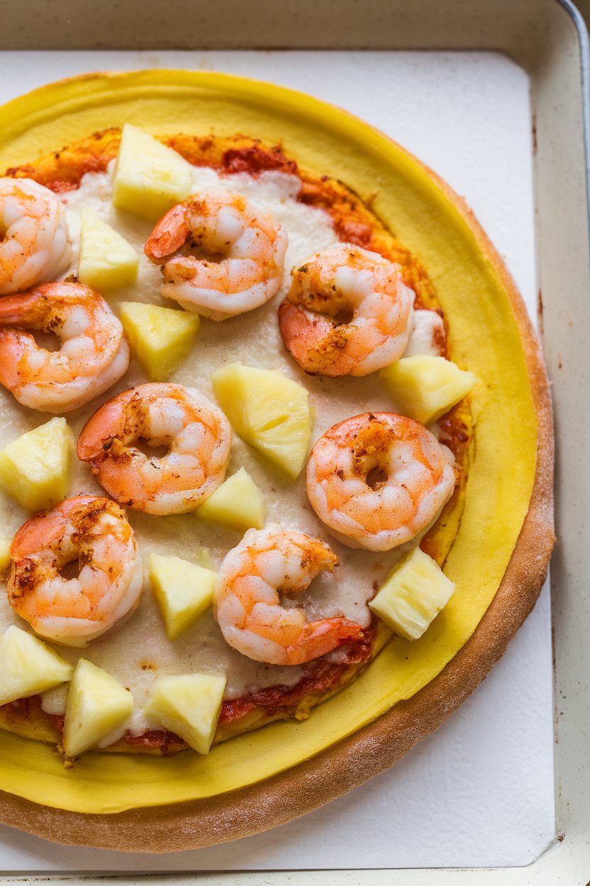 Indoor photo of yellow plantain-crust pizza topped with jerk-spiced cooked shrimp and diced pineapple on a white tray, no text or logos