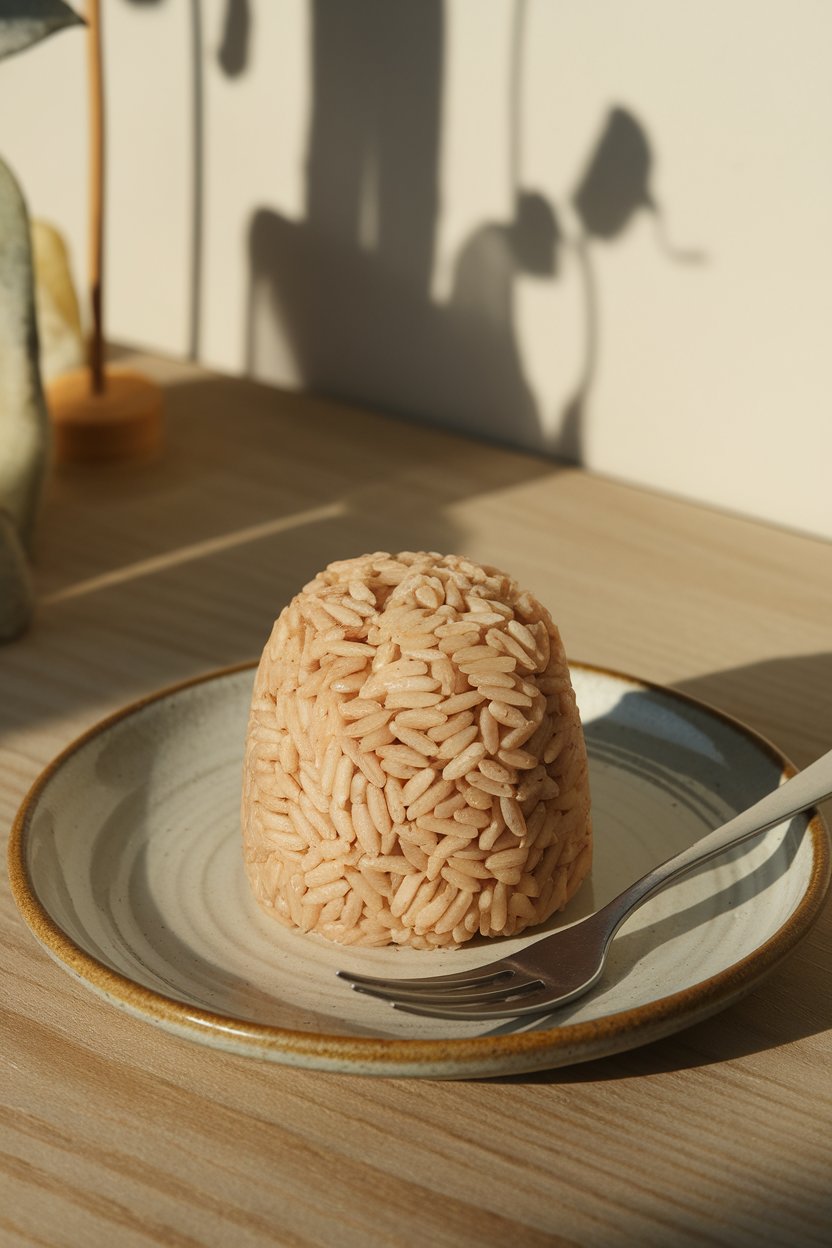 Indoor photo of a single scoop of brown rice shaped into a neat mound, roughly the size of a closed fist, sitting beside a fork on a ceramic plate. Soft overhead light, no text or logos.