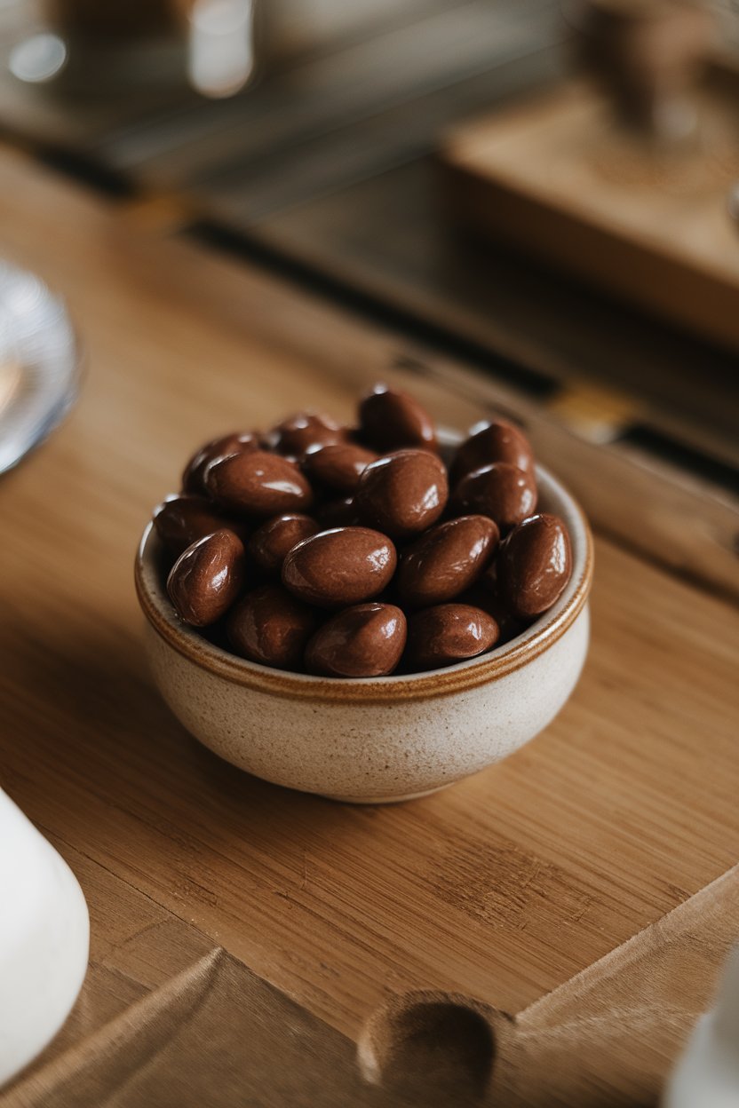 A small ceramic bowl on an indoor wooden table filled with glossy dark chocolate coated almonds, photo style, no text or logos.