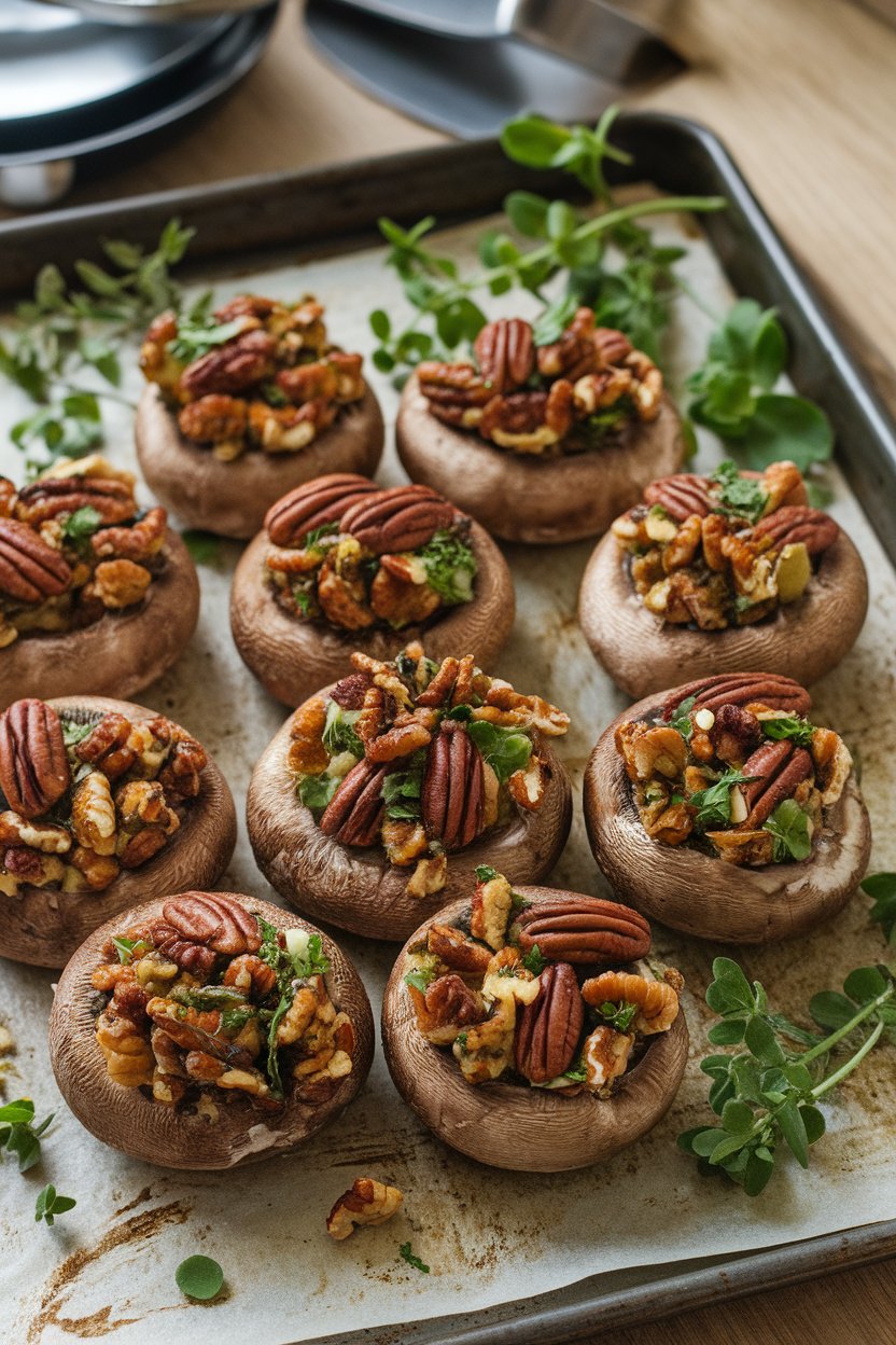 A baking sheet indoors showing browned mushroom caps overflowing with pecan and herb filling. No text or logos.