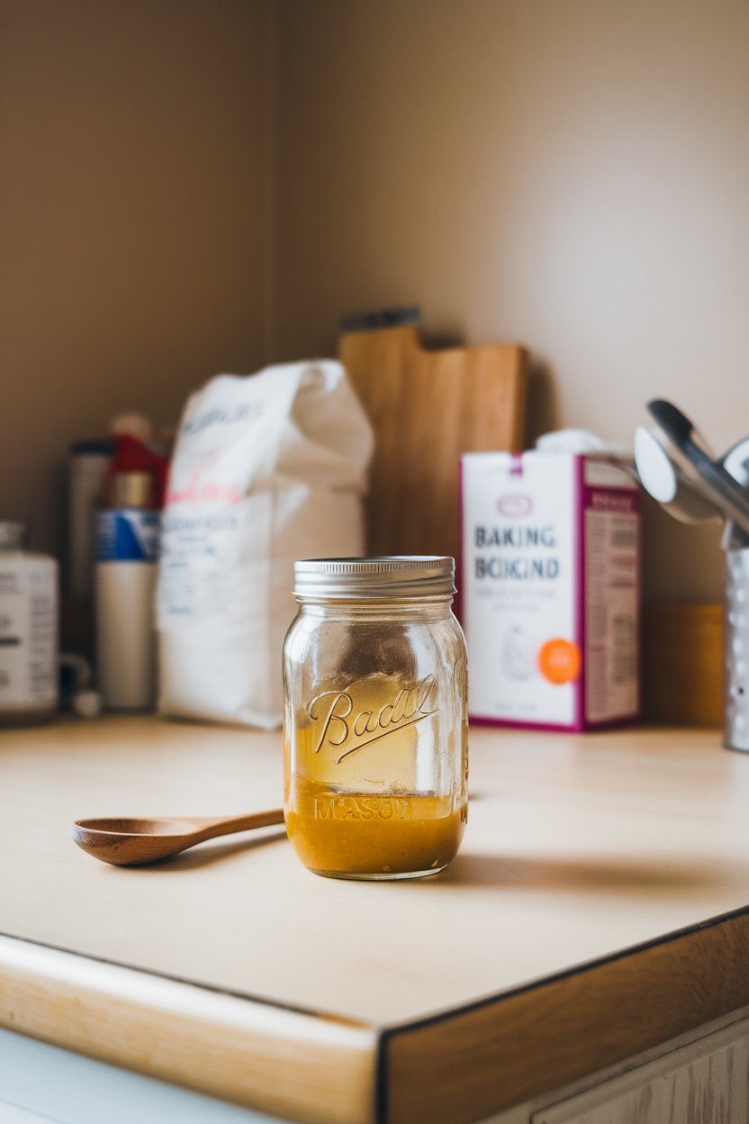 A mason jar on an indoor kitchen counter half-filled with golden vinaigrette, lid beside it. No text or logos. Photo, not illustration.
