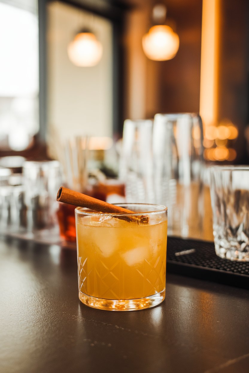 Indoor bar, rocks glass of golden honey margarita with cinnamon-stick swizzle; no text or logos.