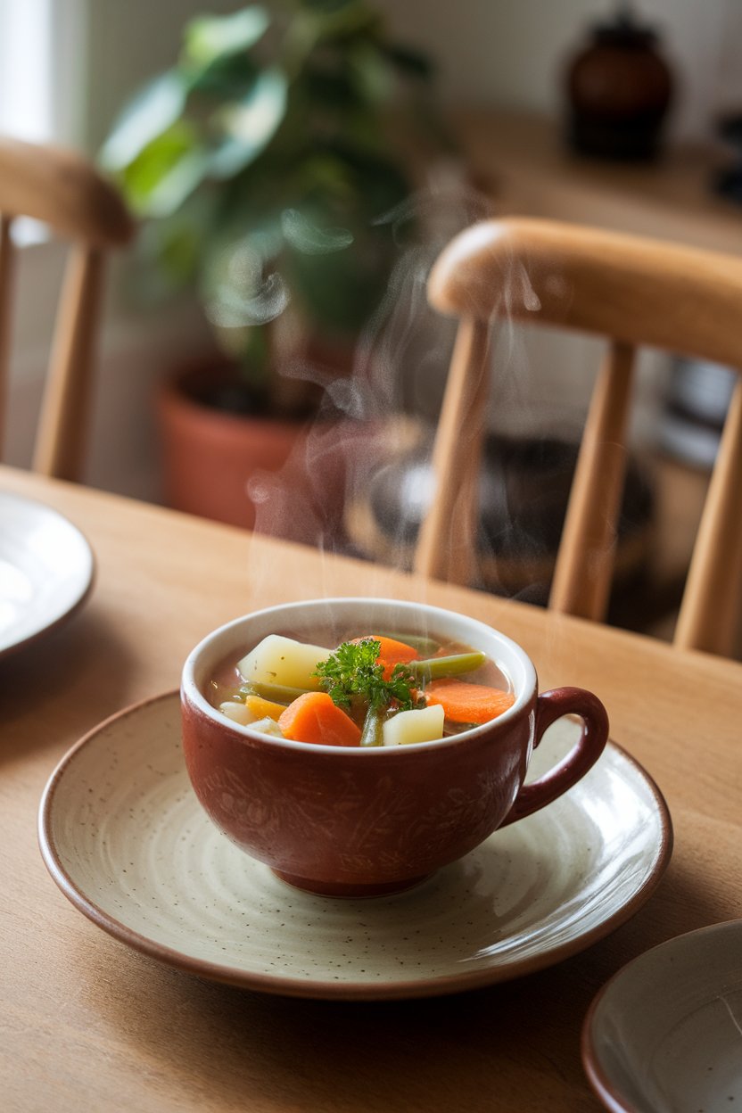 Indoor photo of a steaming cup of vegetable soup served in a small bowl at the edge of a dinner plate. Cozy lighting, no text or logos.
