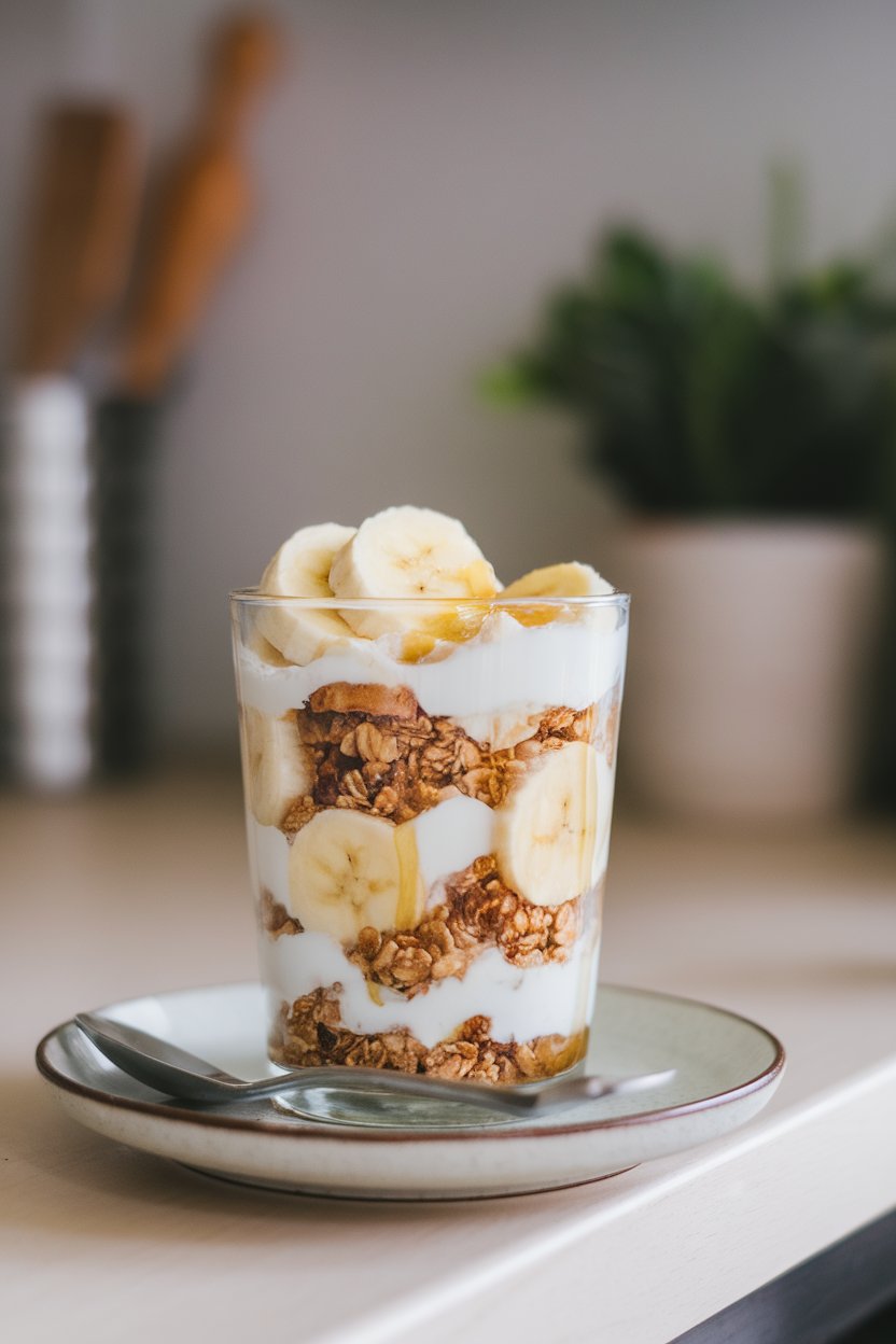 A clear parfait glass on an indoor countertop layered with thick Greek yogurt, granola, honey drizzle, and sliced bananas, photo only, no logos.