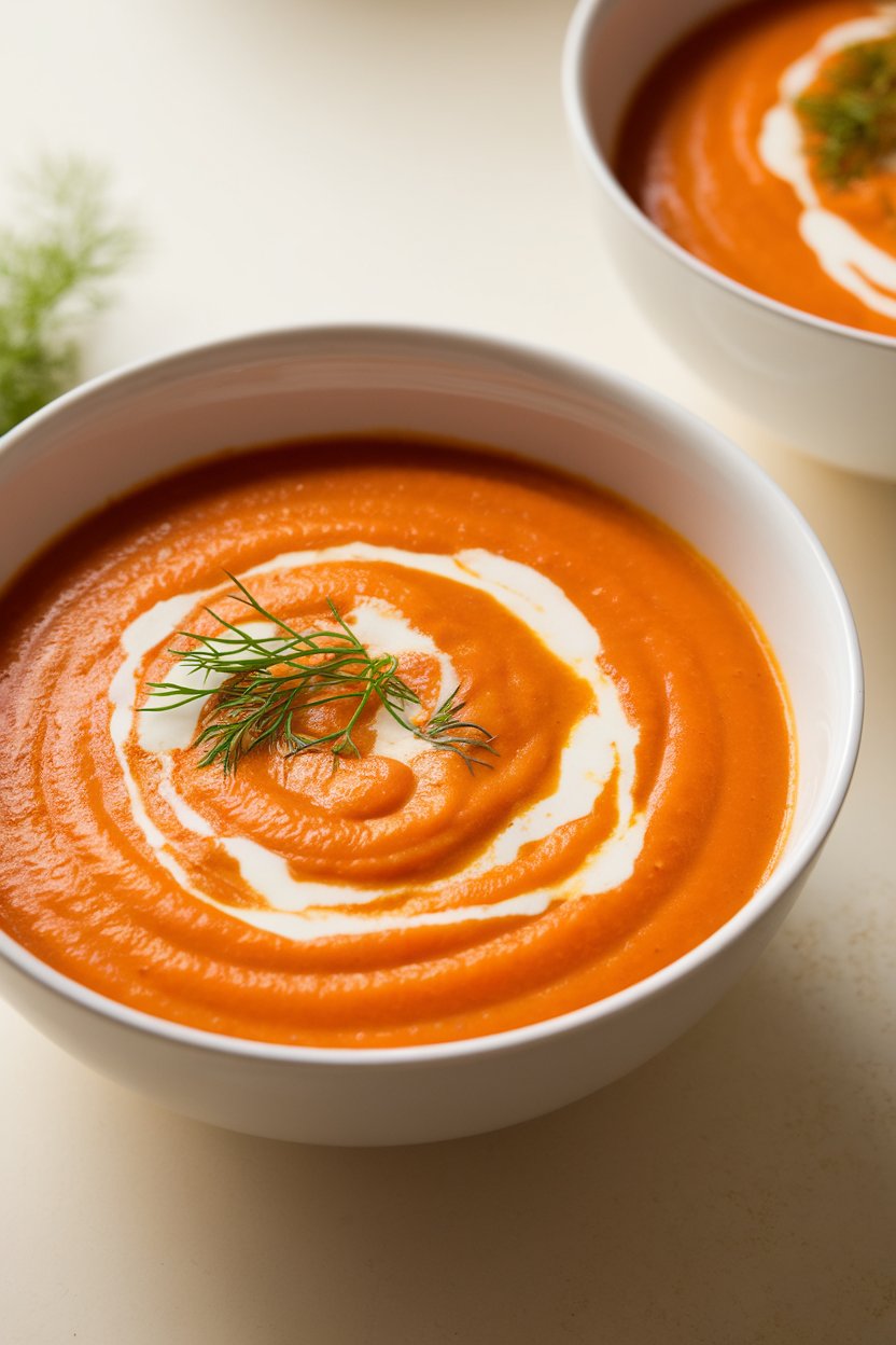 Indoor photo of a smooth orange carrot ginger soup served in a white bowl, topped with a swirl of coconut cream and fresh dill. No visible text or logos.