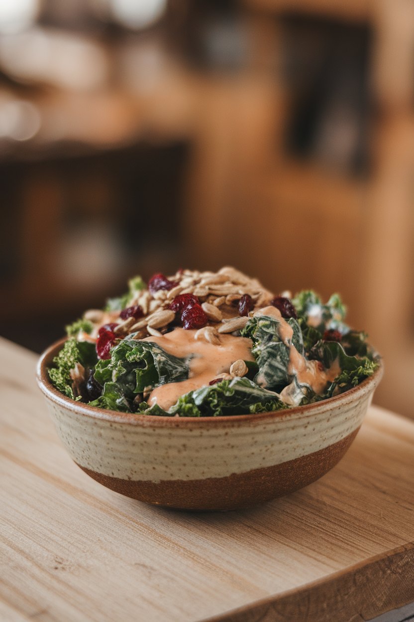 A ceramic salad bowl indoors with shredded kale, dried cranberries, and sunflower seeds, creamy dressing glistening—no logos. Photo.