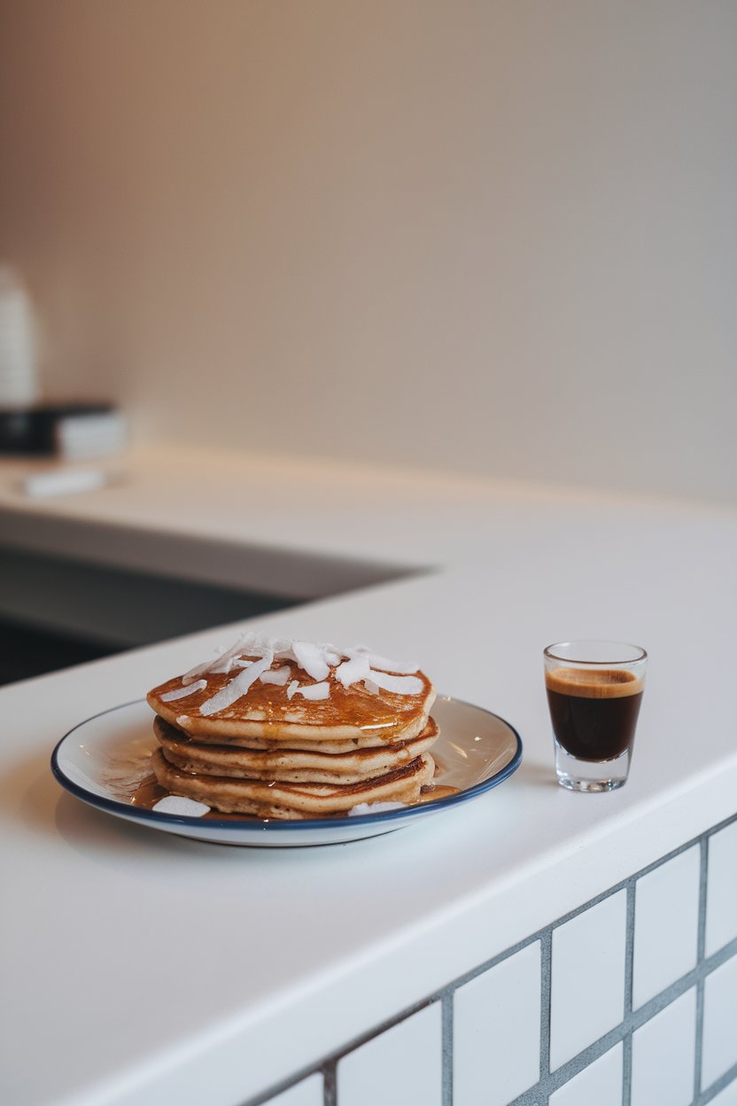 Indoor breakfast counter showing espresso-infused pancakes, coconut flakes on top, espresso shot glass nearby; no logos.