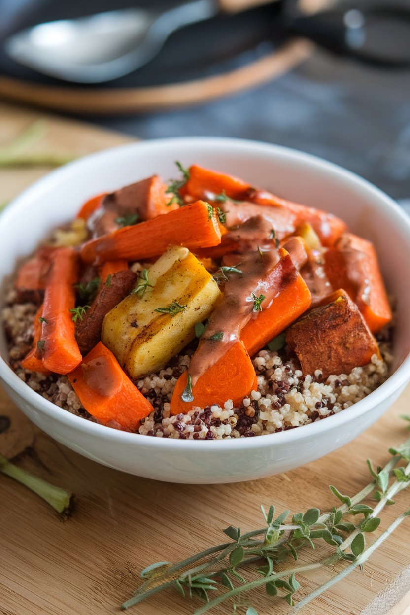 An indoor bowl filled with roasted carrots, parsnips, and sweet potatoes glazed with maple-Dijon sauce over quinoa. No text or logos in view. Photo only.