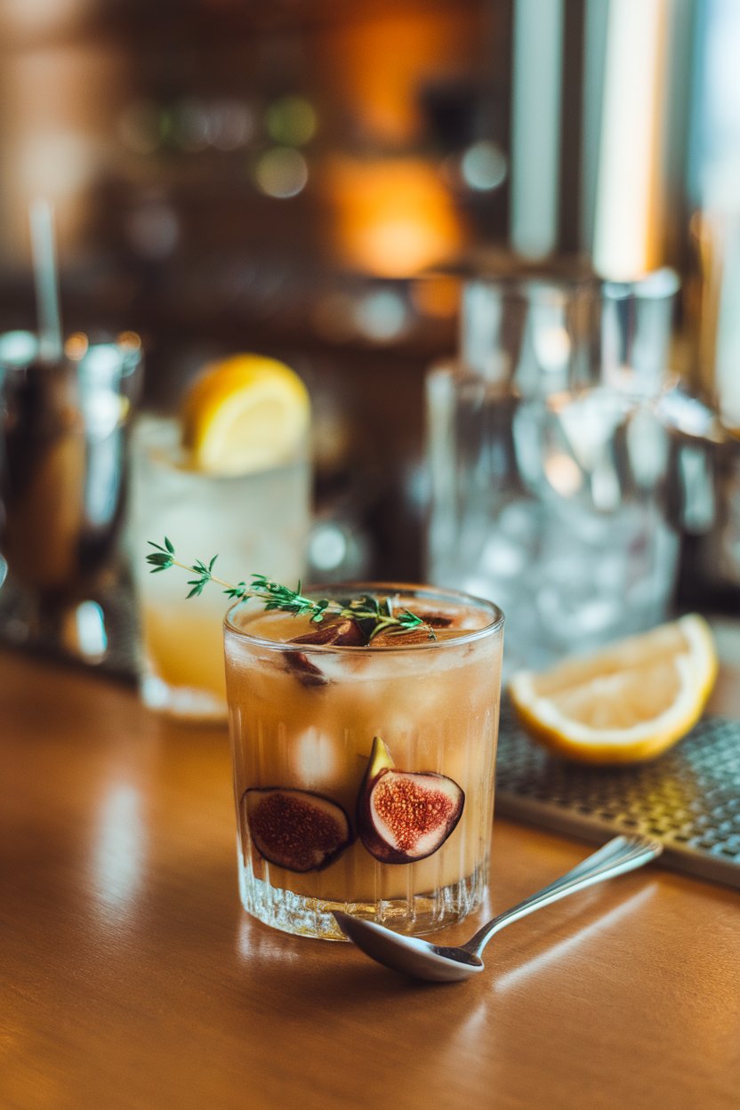 An indoor bar featuring a rocks glass Fig Bourbon Smash with muddled figs and thyme sprig. No text or logos.
