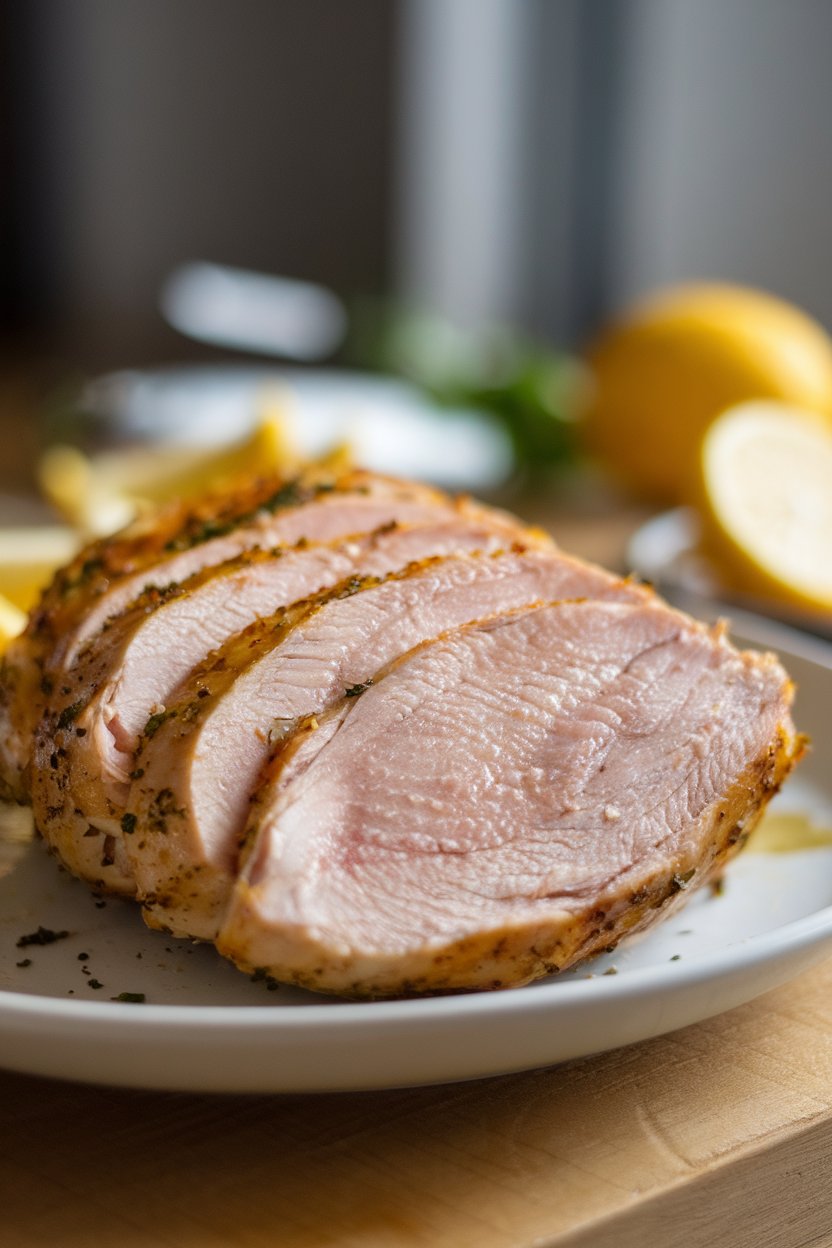 Photo of cooked, sliced chicken breast on a white plate indoors, juicy center visible, no text or logos