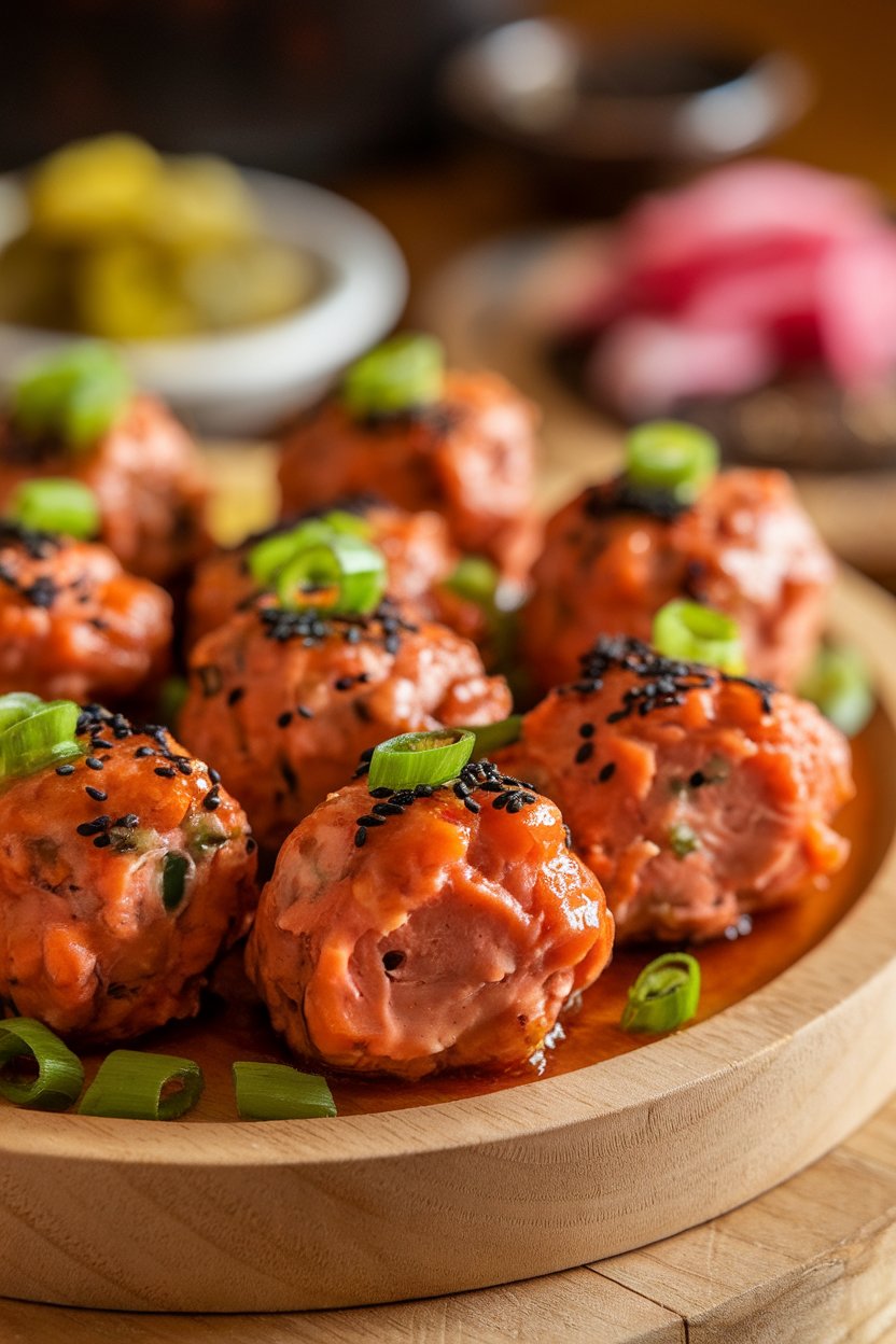 An indoor dining table with a platter of baked salmon meatballs glazed in soy-sesame sauce, sprinkled with scallions and sesame seeds. No brand names visible.