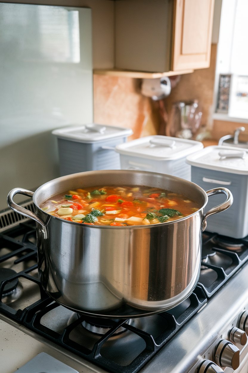 An indoor stovetop with a large pot of simmering vegetable soup next to storage containers waiting to be filled. No text or logos on cookware.