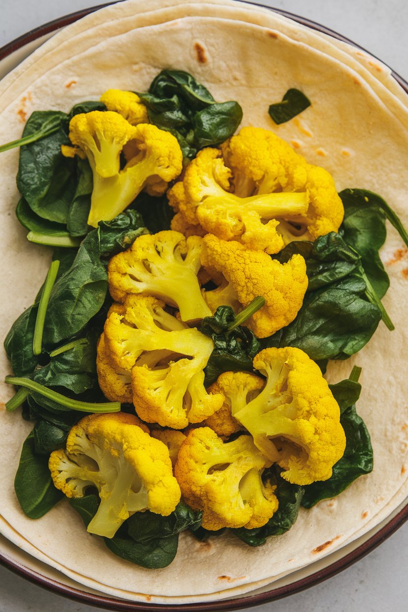 Photo indoors showing bright yellow turmeric cauliflower florets and wilted spinach in tortillas. No text or logos.