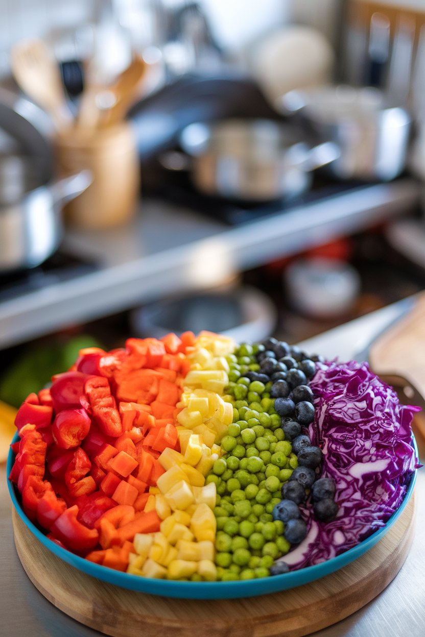 An indoor platter arranged in a rainbow pattern of chopped red peppers, orange carrots, yellow corn, green peas, blueberries, and purple cabbage. No text or logos visible.