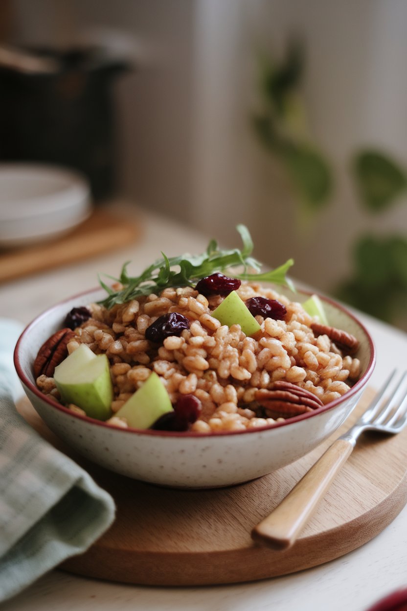 Softly lit indoor tabletop displaying a bowl of cooked farro mixed with diced green apples, dried cranberries, toasted pecans, and baby arugula. Photo only, no text or logos.