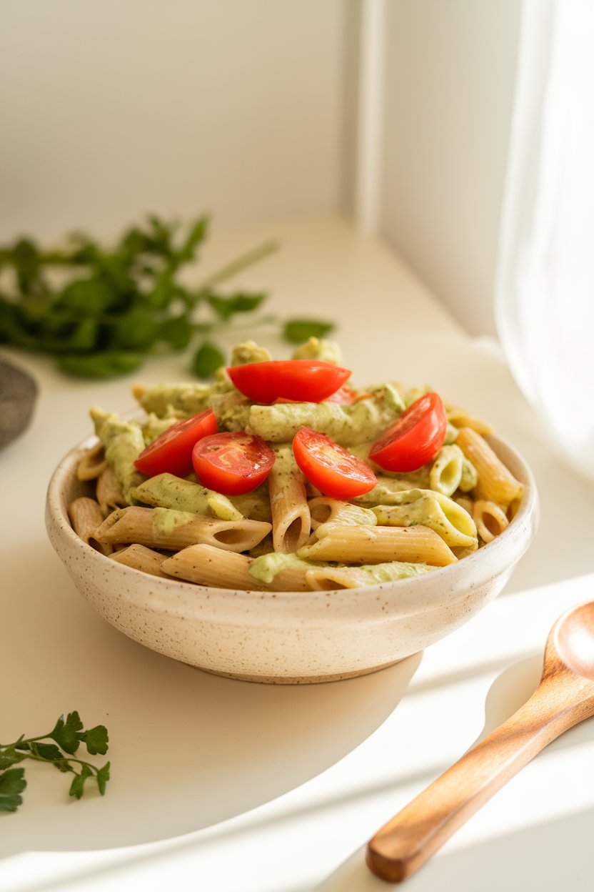 A bright indoor setup featuring a ceramic bowl of whole-wheat penne coated in creamy avocado dressing with halved grape tomatoes sprinkled on top; no text or logos.