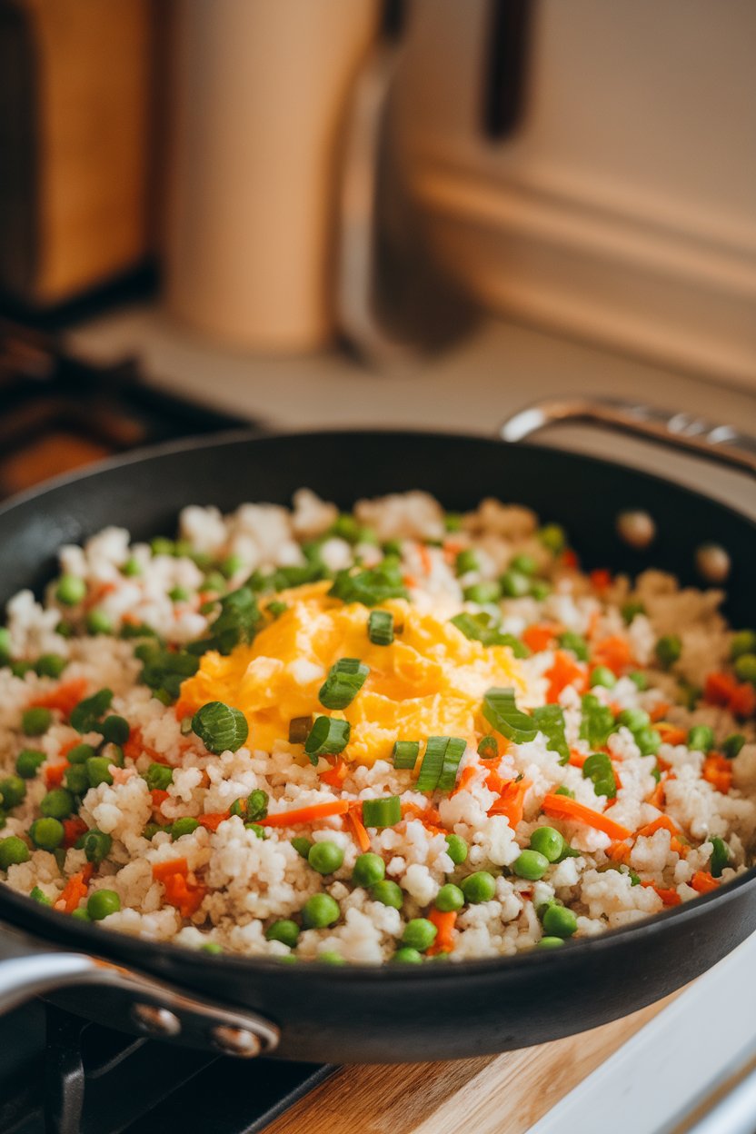 Indoor photo of a skillet filled with cooked cauliflower rice mixed with peas, carrots, scrambled egg, and green onions; no text or logos.