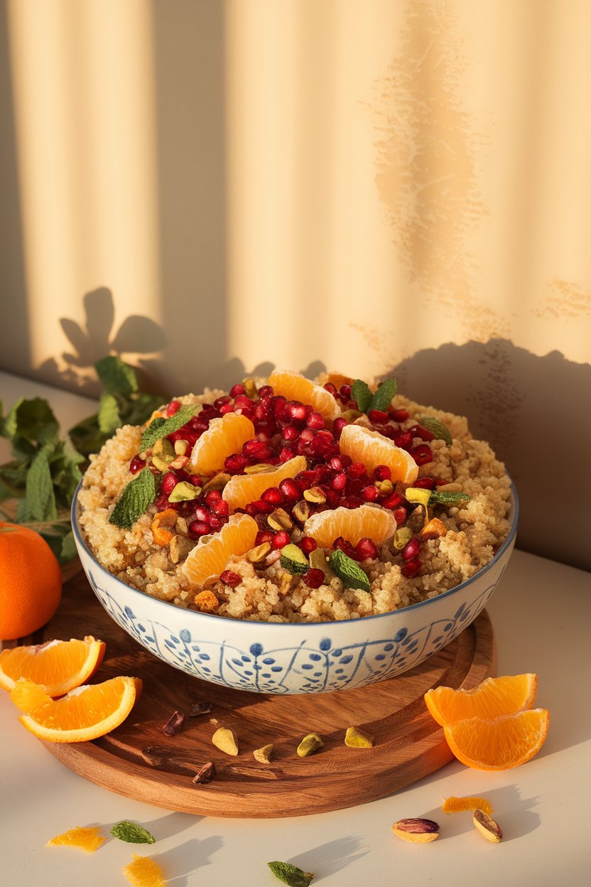 Indoor bright scene featuring a bowl of fluffy quinoa studded with pomegranate seeds, orange supremes, chopped mint, and pistachios. Photo only, no text or logos.