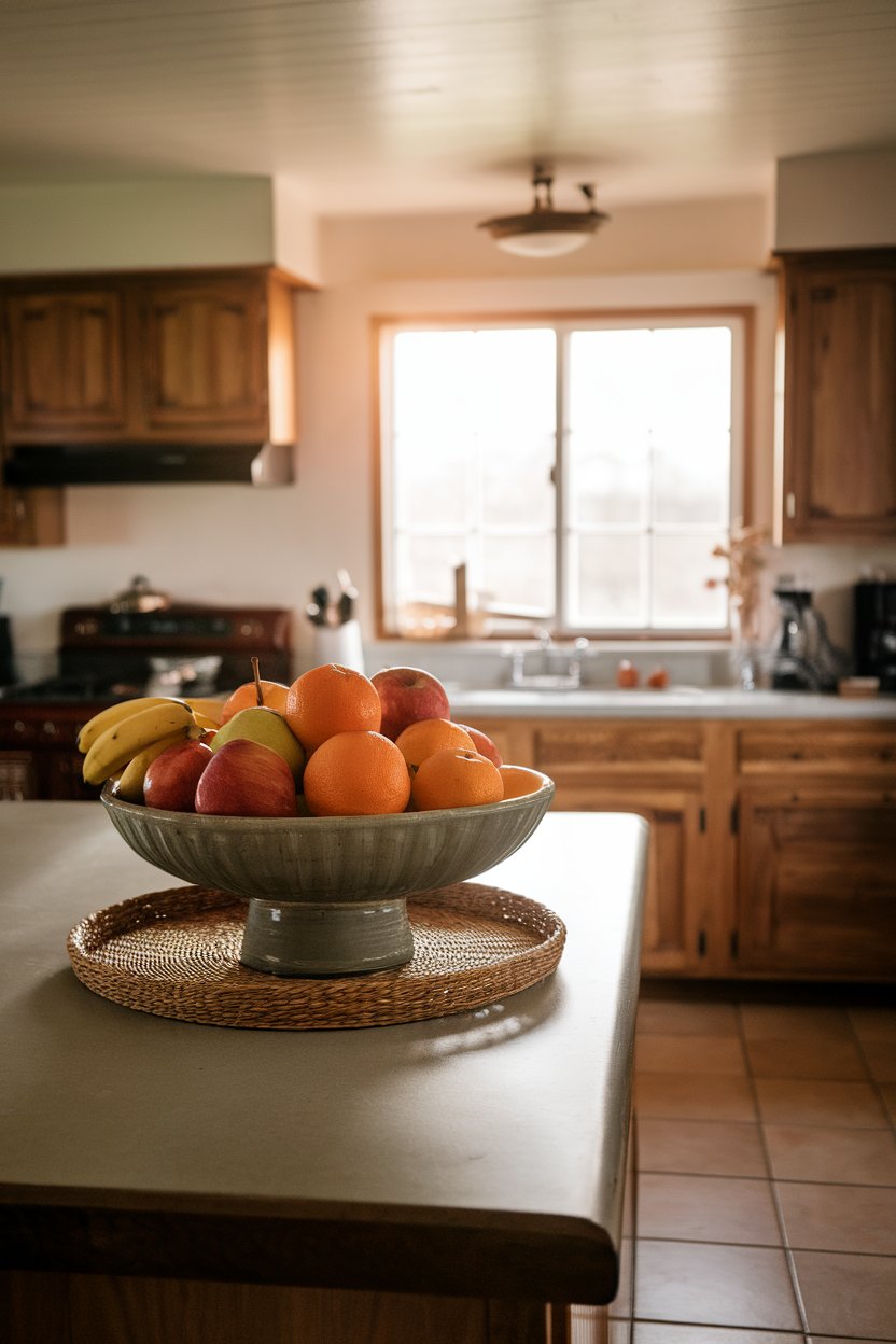 A ceramic bowl of apples, oranges, and bananas on a kitchen island bathed in afternoon sun, no text.