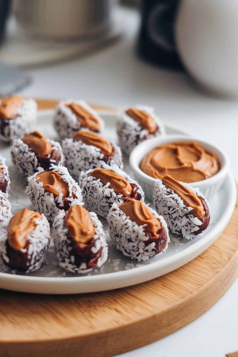Indoor snack plate featuring almond butter–filled dates rolled in shredded coconut on a wooden board. Photo, no text or logos.