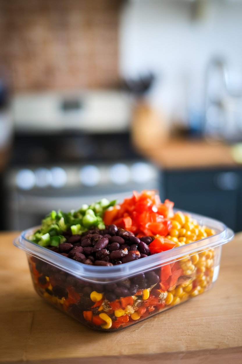 Indoor meal prep container filled with seasoned black beans, corn, and diced peppers ready for tacos. No branding or text. Photo only.