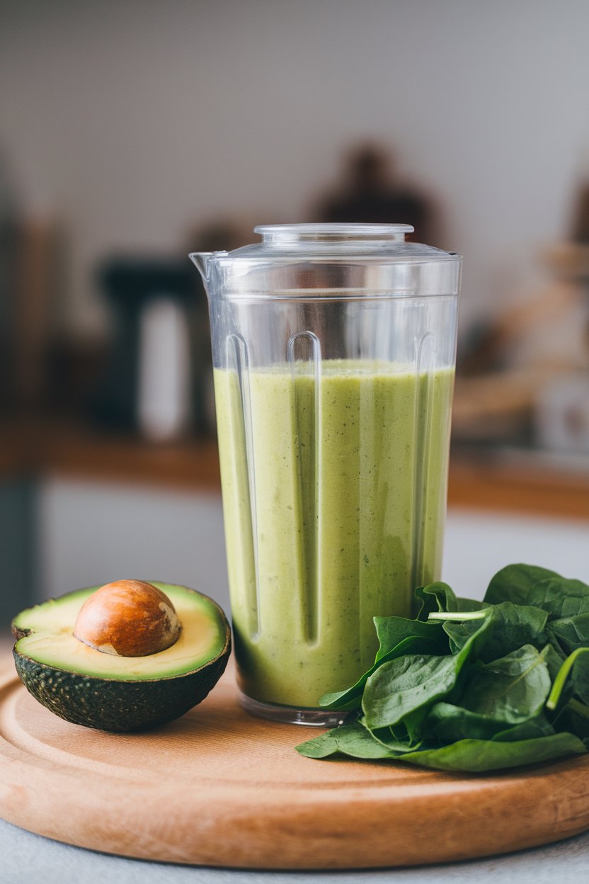 Indoor blender cup filled with bright green smoothie, avocado half and spinach leaves beside it. Photo, no text or logos.