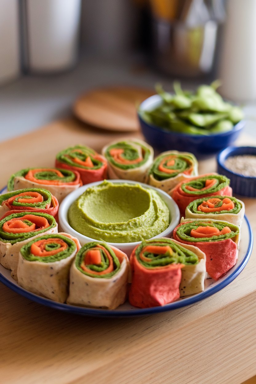 An indoor snack plate lined with colorful tortilla pinwheels filled with green edamame hummus and shredded carrot strips. No logos. Photo.