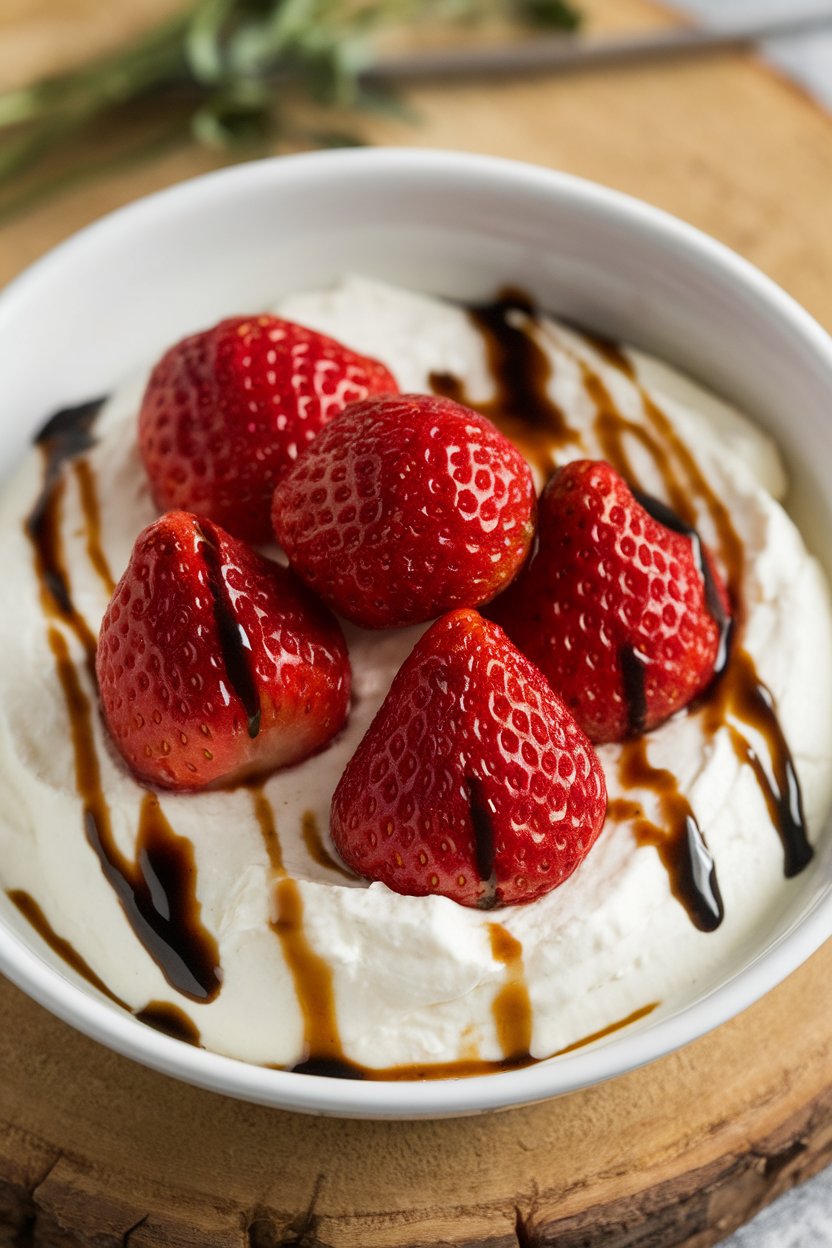 Indoor dessert bowl of roasted strawberries atop creamy ricotta, balsamic glaze glistening. No text or logos; photo.