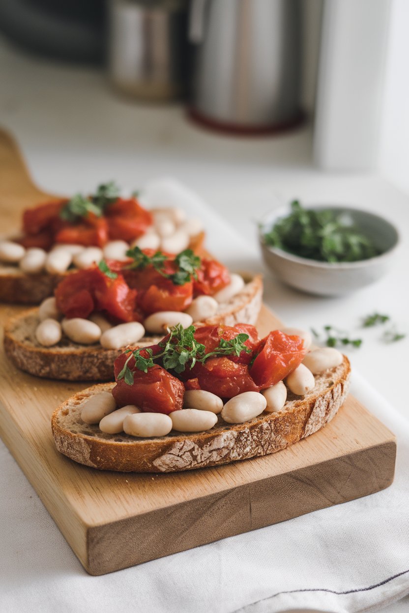 Indoor wooden board lined with toasted whole-grain baguette slices topped with stewed tomatoes and white beans. No text or logos.