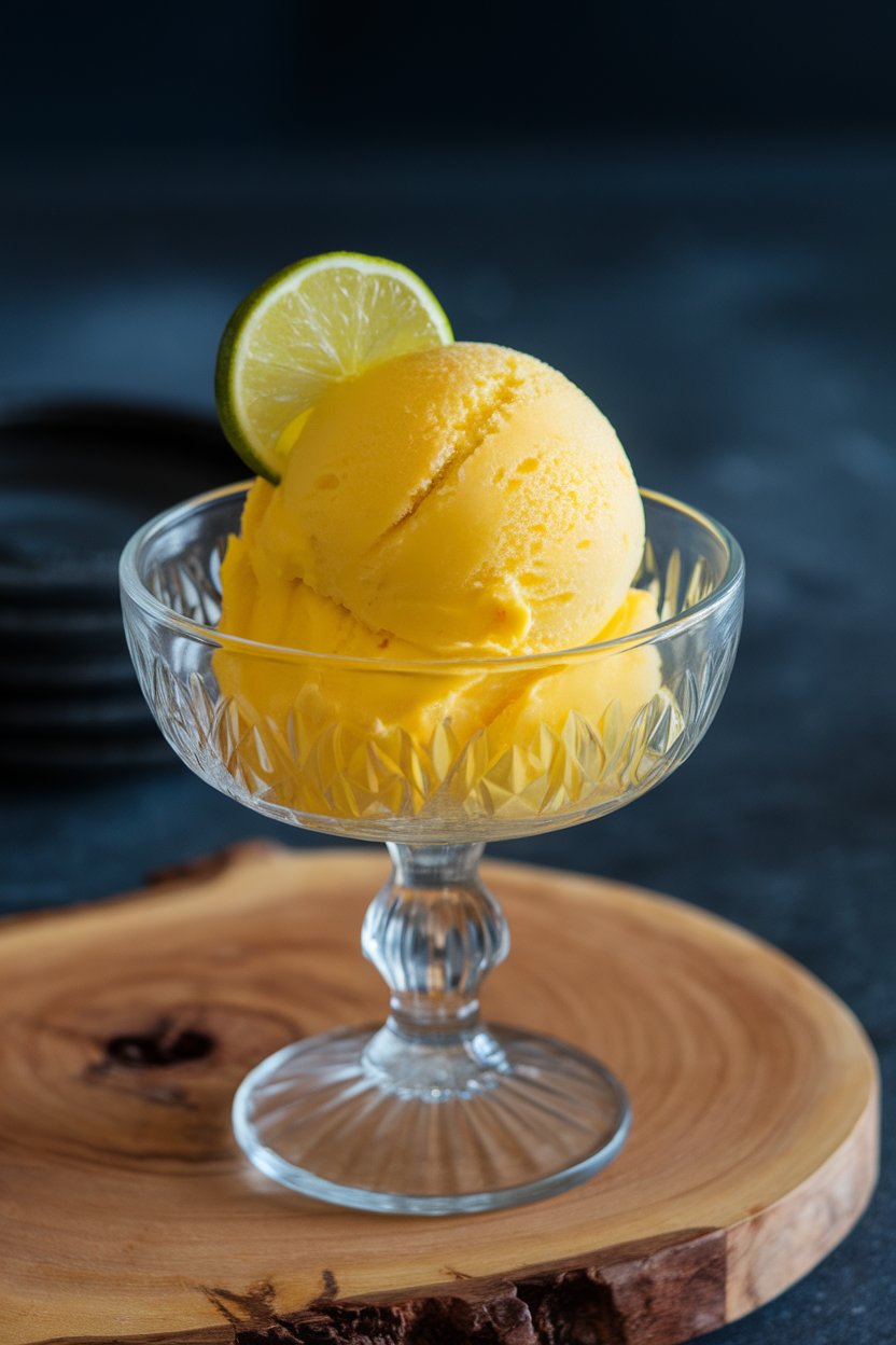 Indoor glass dish of bright yellow sorbet garnished with a lime twist. No text or logos.