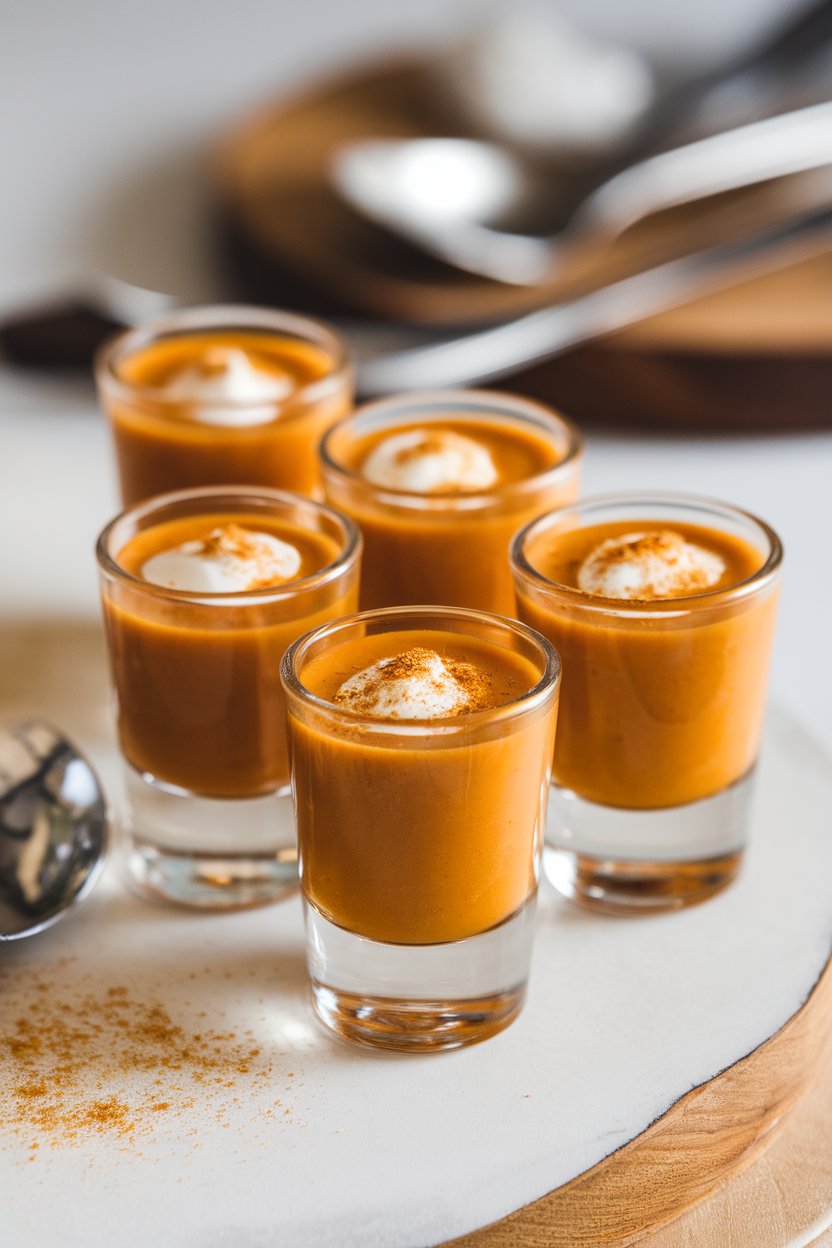 Indoor shot glasses of velvety orange soup garnished with a tiny dollop of cream and nutmeg. No text or logos. Photo only.