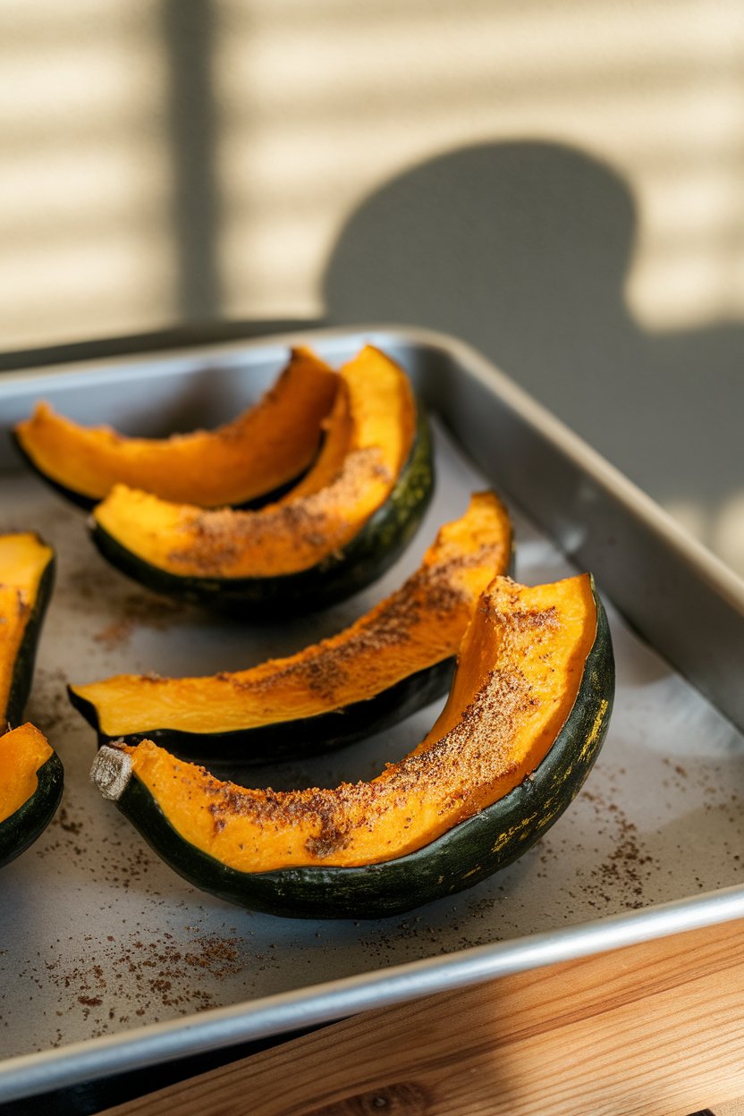 Indoor photo of acorn squash wedges dusted with cumin and roasted on a tray, skin left intact. No text or logos; photograph.