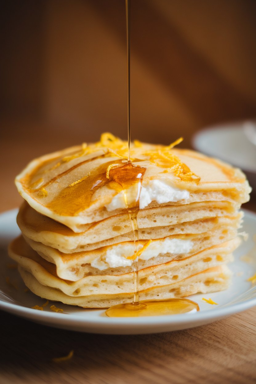 Soft indoor lighting on pale pancakes, ricotta spread between layers, lemon zest sprinkled over; no logos.