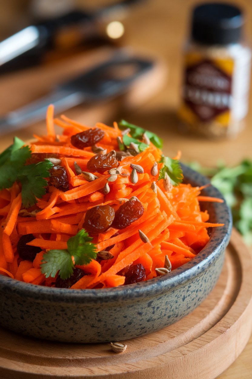 Photo of grated carrots mixed with golden raisins, cilantro, and cumin seeds in a stoneware dish indoors, no text or logos.
