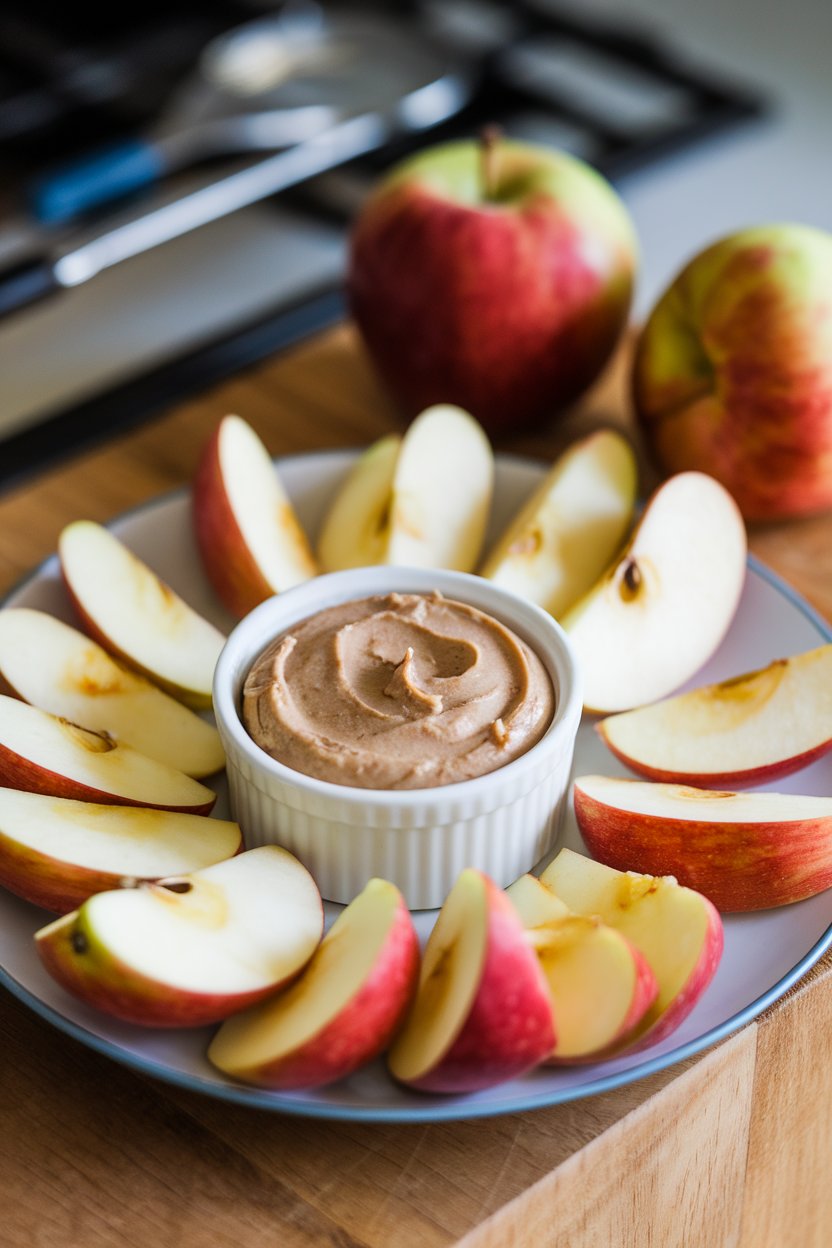 An indoor snack plate with apple wedges surrounding a small ramekin of creamy sunflower butter; no text or logos.