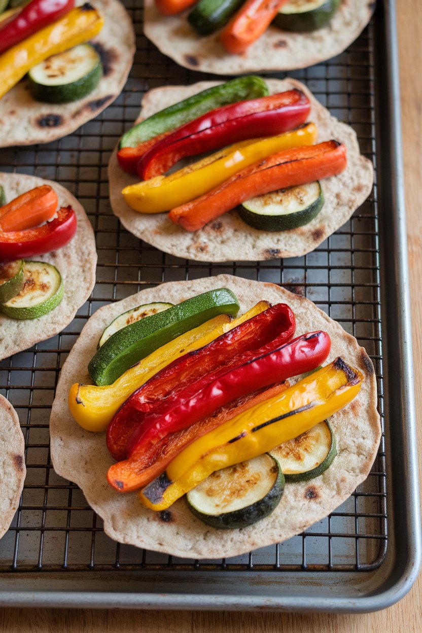 An indoor baking sheet with whole-wheat flatbread topped with roasted rainbow vegetables and a light drizzle of olive oil. No logos or text present.