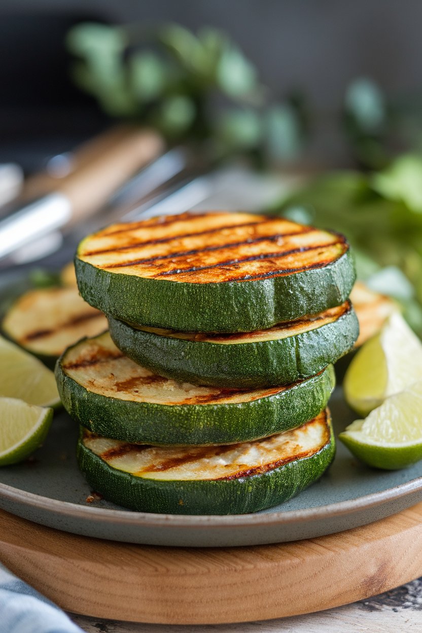 Indoor photo of grill-pan charred zucchini rounds stacked on a platter, lime wedges nearby. No text or logos; photograph.
