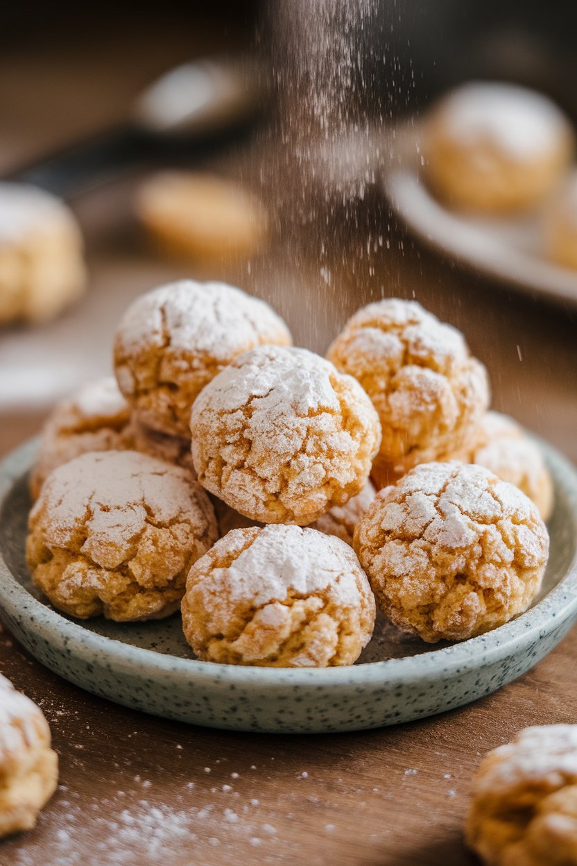 Small round pfeffernüsse cookies dusted with powdered erythritol on an indoor stoneware plate. No logos present.