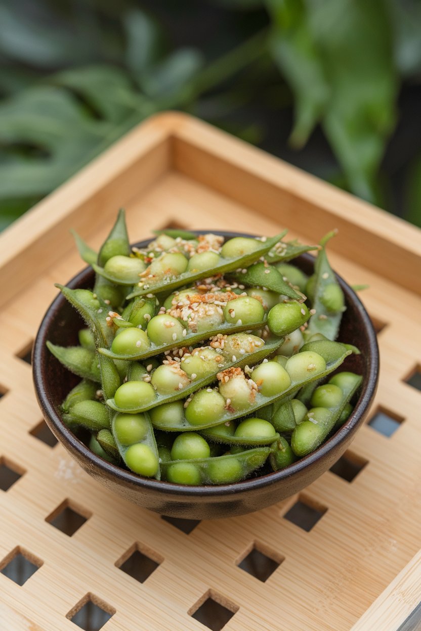 Photo of an indoor bowl of steamed edamame pods sprinkled with sesame seeds and minced ginger, no text or logos.