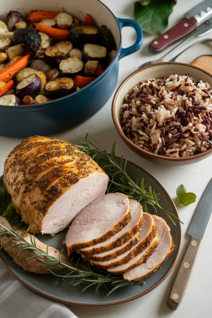 Indoor scene with sliced herb-roasted turkey breast, mixed roasted vegetables, and wild rice in a bowl. No text or logos.