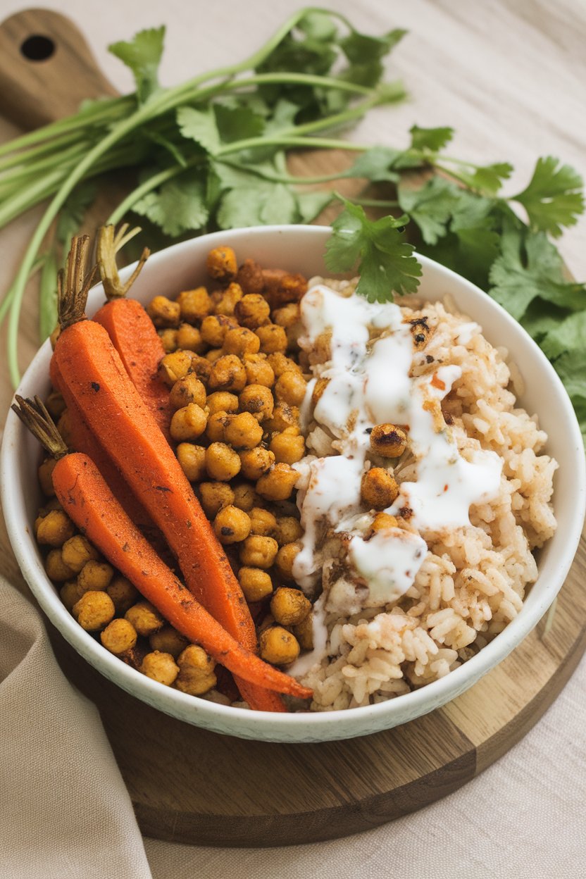 Indoor photo of a bowl with curry-dust roasted carrots and crispy chickpeas over fluffy brown rice, yogurt drizzle on top. No text or logos.
