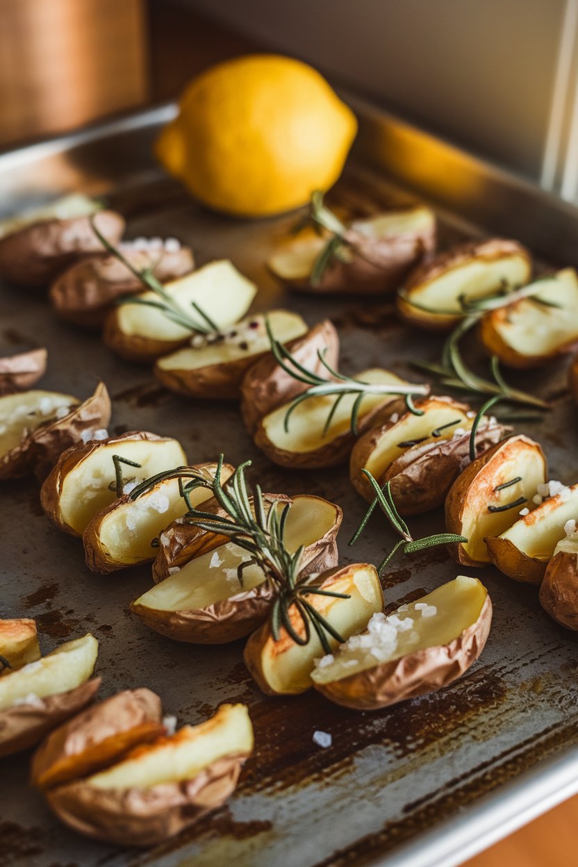 A baking sheet indoors featuring roasted fingerling potatoes split lengthwise, flecked with rosemary leaves and coarse salt. No text or logos.