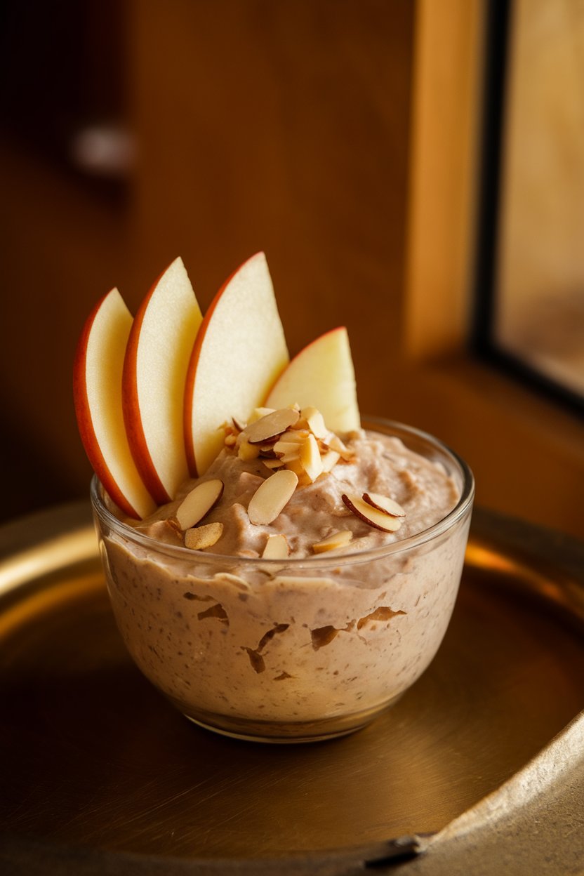 A small indoor dessert bowl of creamy amaranth kheer topped with thin apple slices and slivered almonds, warm lighting. No text or logos. Photo, not illustration.