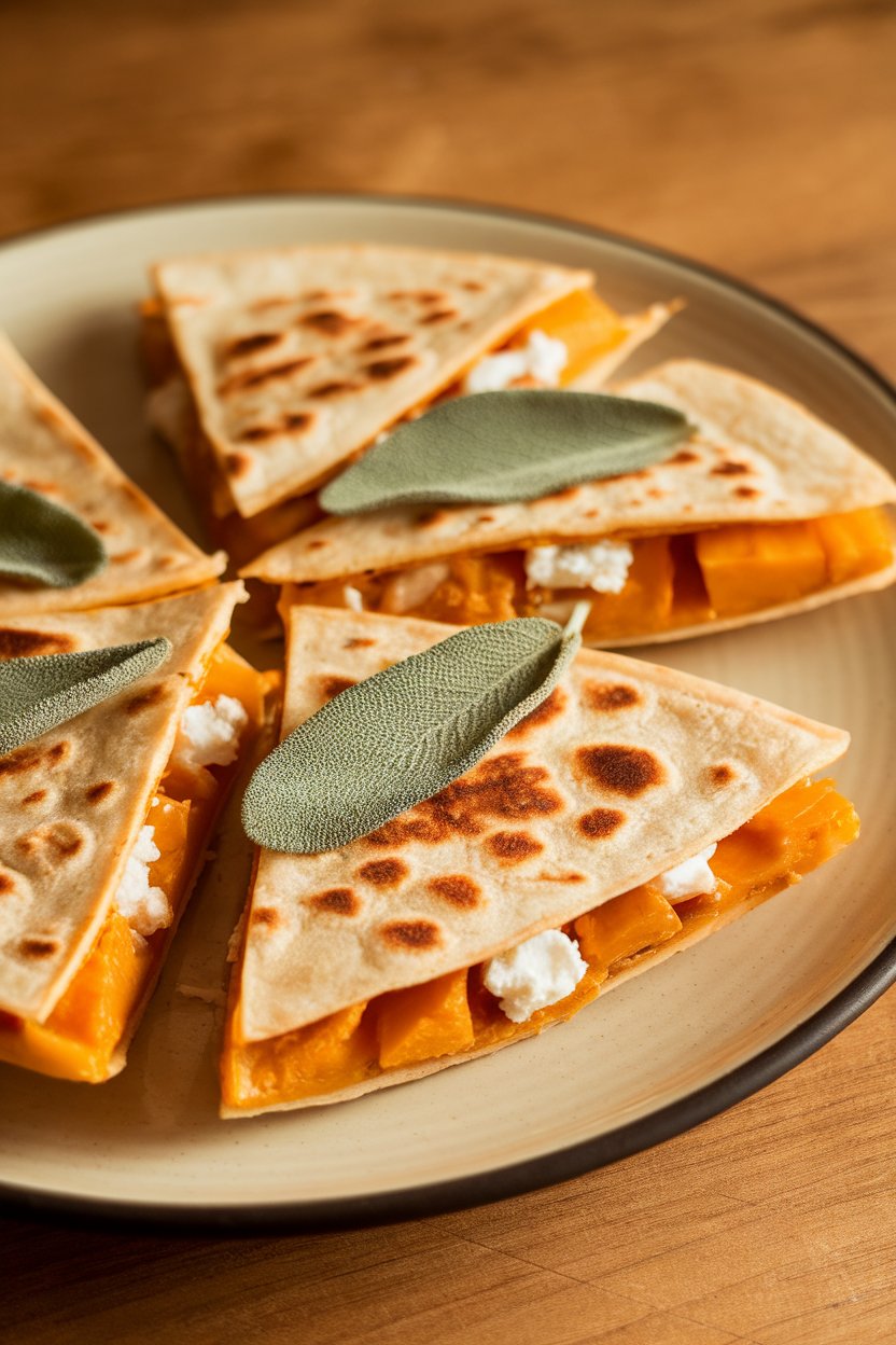 Indoor autumn plate, roasted pumpkin and feta quesadilla wedges, sage leaf garnish, photo, no text or logos.