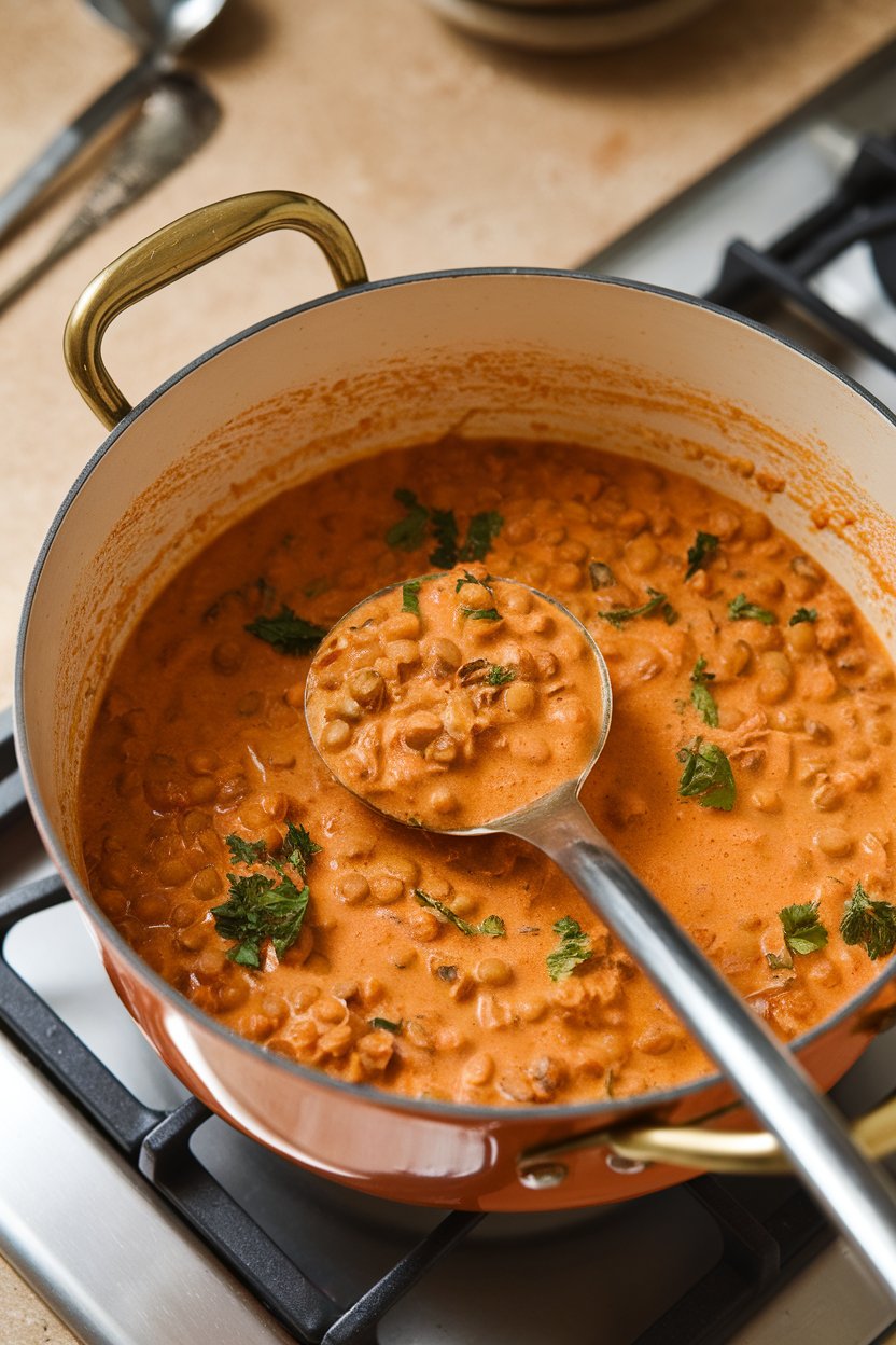 An indoor stovetop pot filled with creamy orange coconut lentil curry, ladle resting on the rim; no text or logos; photo