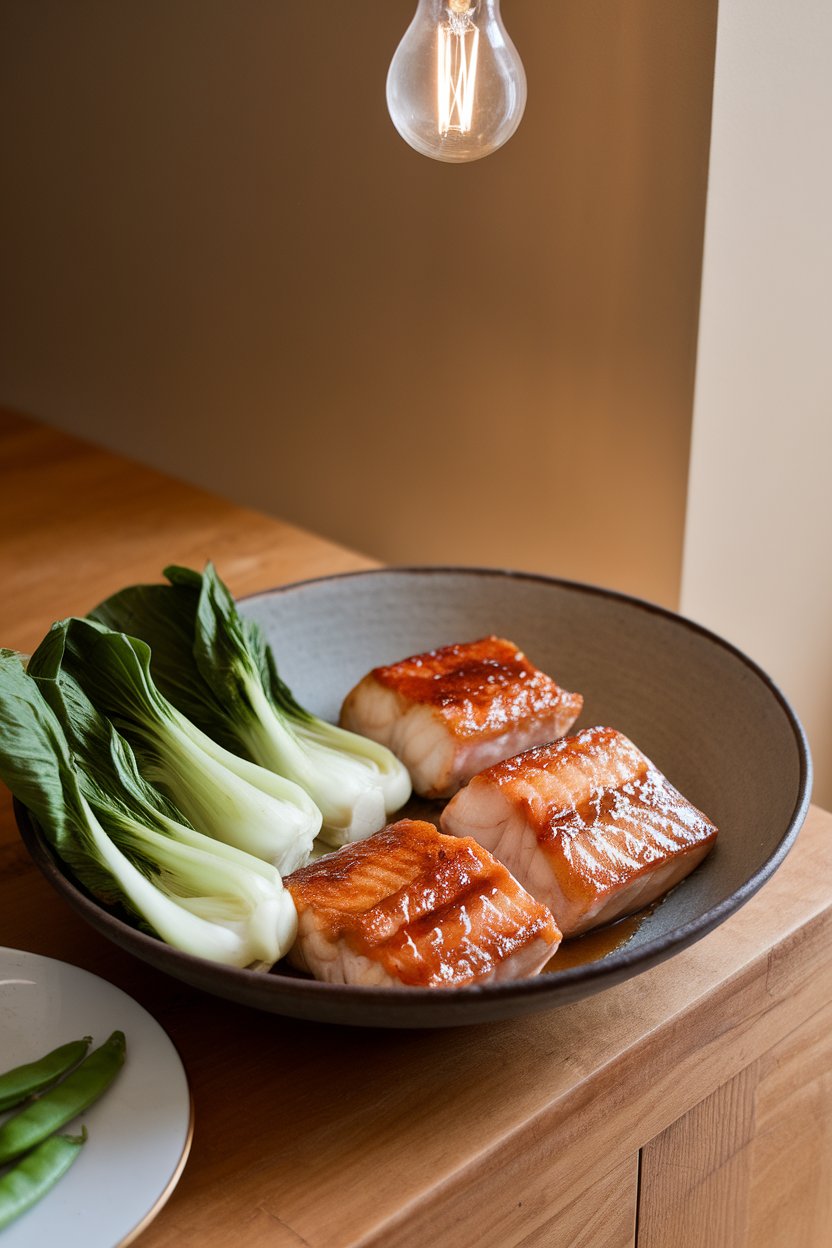 A shallow bowl on a wooden table indoors containing seared, cooked cod fillets brushed with a shiny miso glaze, flanked by vibrant steamed bok choy; no text or logos.
